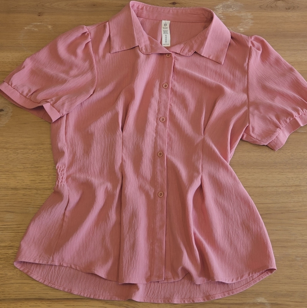 B Pink Button Front Blouse | Size L | Short Sleeve Collared Peplum Top